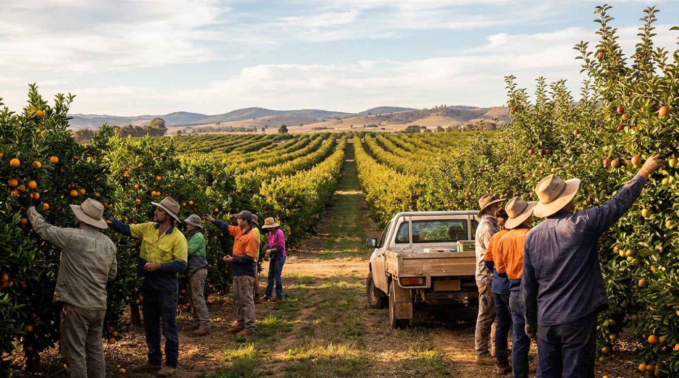 A crew picking fruit together in a regional Australian orchard at golden hour